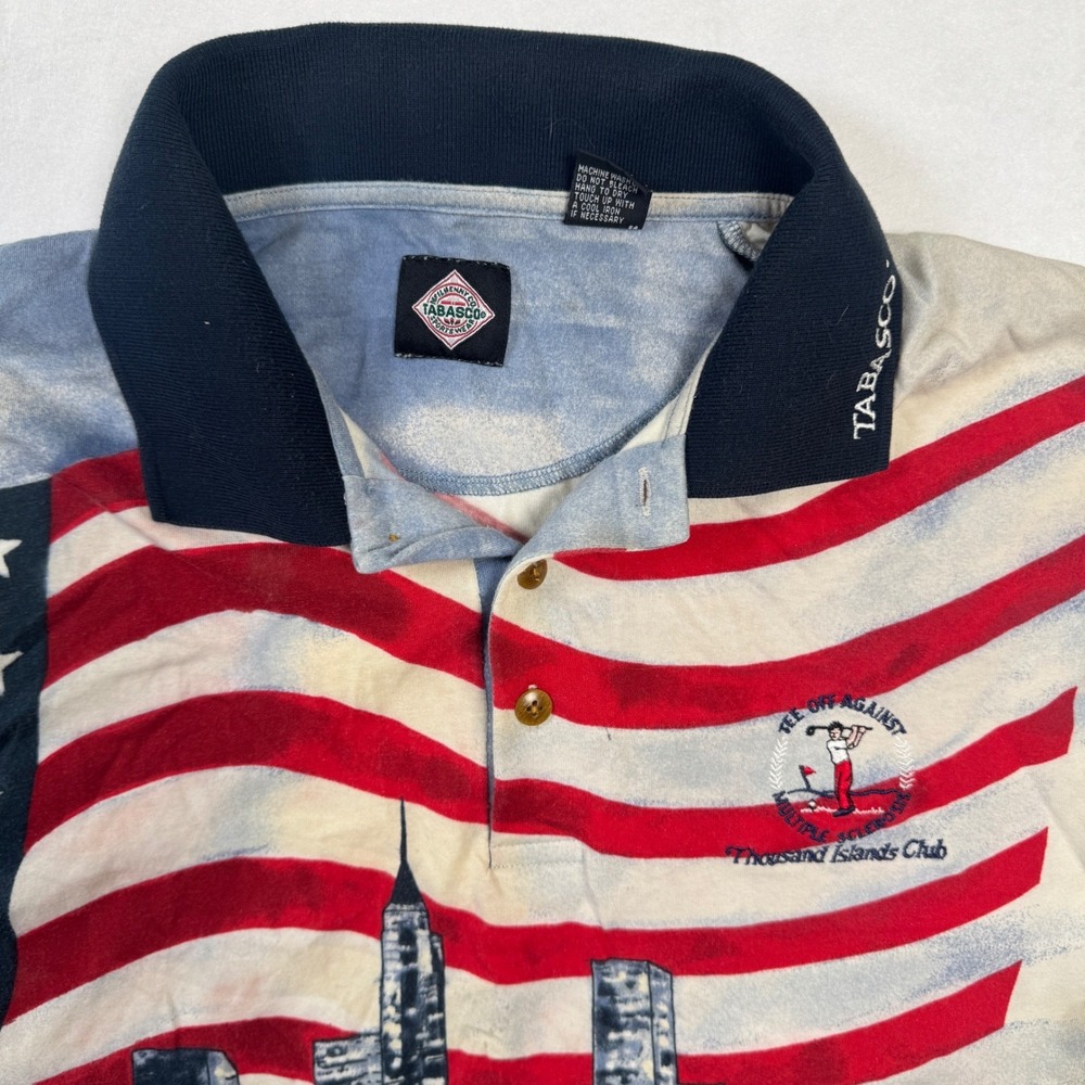 Vintage Tabasco American Flag NYC Skyline Polo Shirt Mens XL 2002 Golf Tee Off - Picture 8 of 9